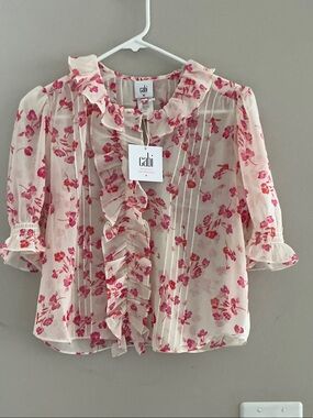 CAbi Pink Floral Ruffle Front Blouse